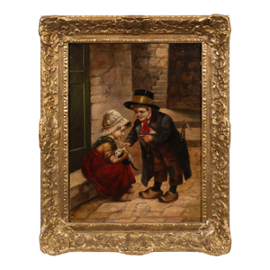 Antique Dutch Style Oil Painting of Children With a Cat by H. Sellin