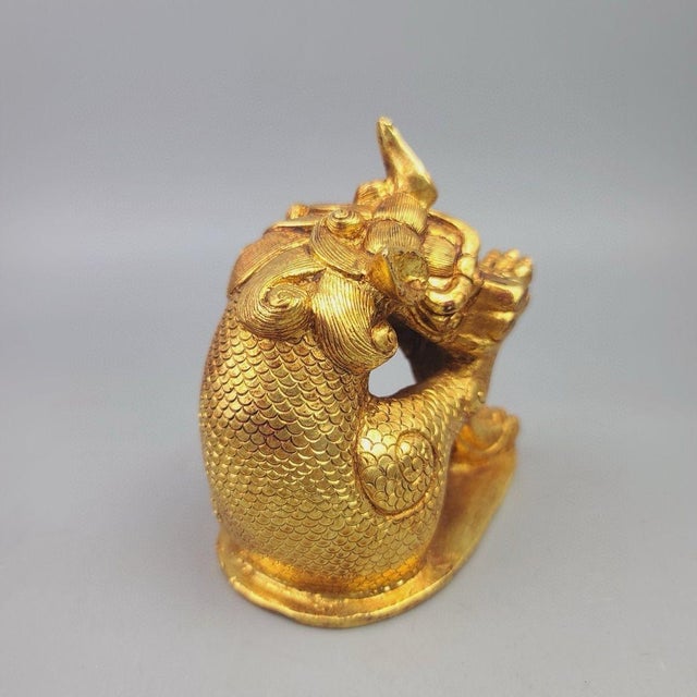 Gilt Bronze Qilin Paperweight – 3.9" Mythical Beast Sculpture With Scale Detail For Sale - Image 4 of 9