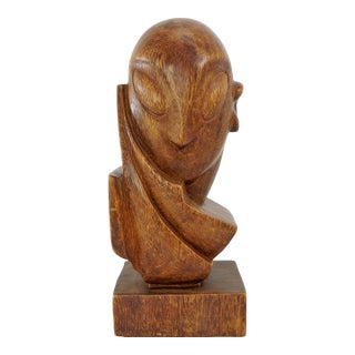 Vintage Teak Statue Bookend Hand Carved Large Head Figure Modern Art Wooden For Sale