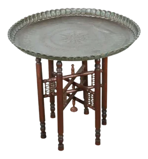 Turkish Tin Copper Tray Table on Wooden Folding Stand