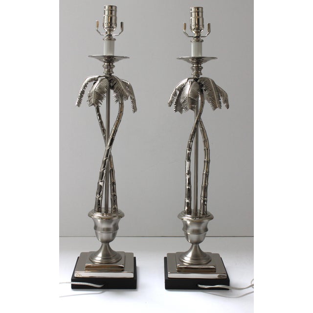 Hollywood Regency Maison Jansen Style Table Lamps Nickel Plated Coconut Palm Tree - a Pair For Sale - Image 3 of 13