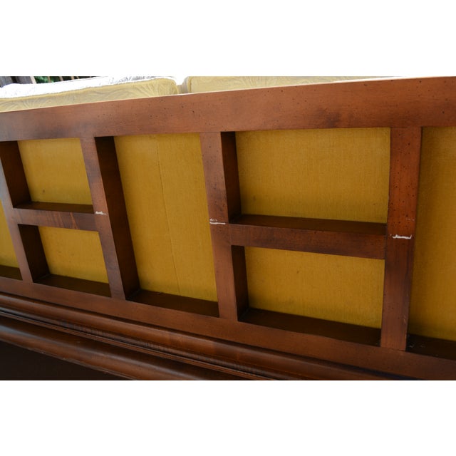Wood Vintage Baker Style Asian / Ming Fretwork Elmwood Wood Couch W/ White Embossed Cushions For Sale - Image 7 of 18
