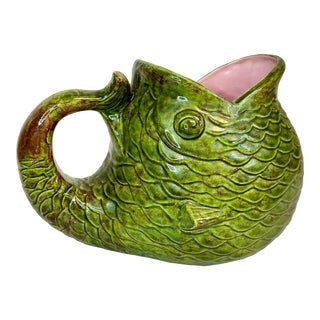Mid-Century Americana Folk Art Coastal Trompe L’Oeil Fish Pitcher For Sale