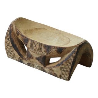 Sculptural Hand-Carved African Wooden Stool with Geometric Decoration, 1950s For Sale