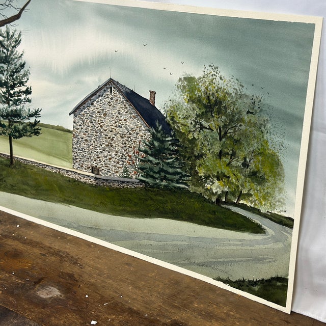 Green Linda Luke Pincock (American, 20th C) Farmhouse Landscape Watercolor Painting For Sale - Image 8 of 12