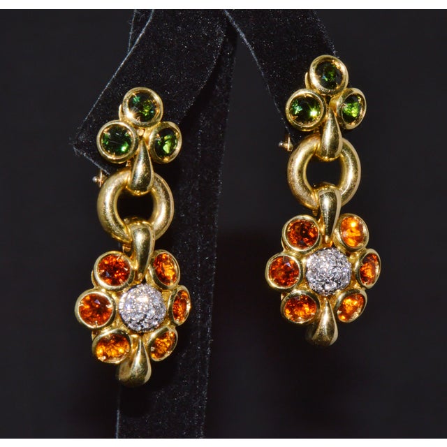Metal Authentic Vintage Piero Milano 5.40Cts Natural Spessartite Garnet Green Tourmaline Diamond Solid 18k Gold Earrings, Pair For Sale - Image 7 of 16