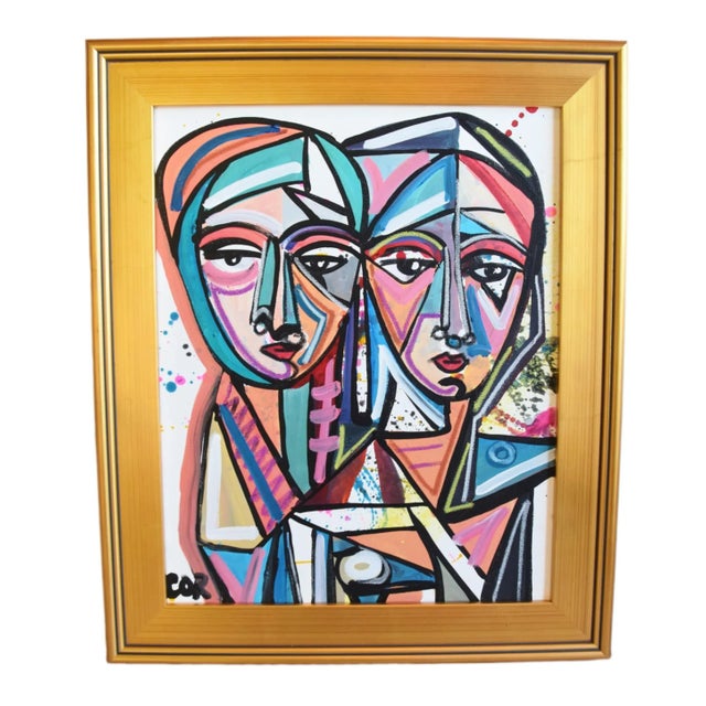 Textile Contemporary Modern Cubism Portrait of Twins Oil Painting Including the Antiqued Gold Frame For Sale - Image 7 of 7