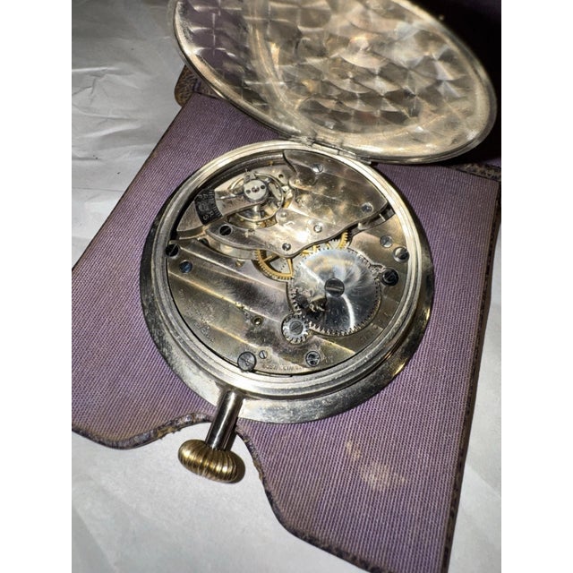 Metal Antique Swiss Art Deco Travel or Desk Clock in Purple Leather Case For Sale - Image 7 of 12