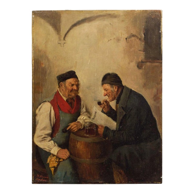 Genre Painting of Men Conversing by Hedwig Oehring (German, 1855-1907) For Sale