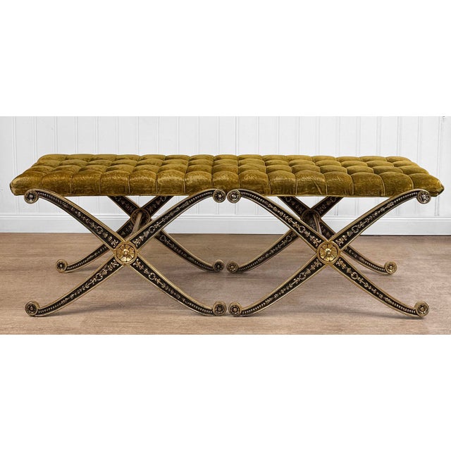 Rococo Vintage French Regency Double X Gilded Green Velvet Tuft Window Bench For Sale - Image 3 of 15