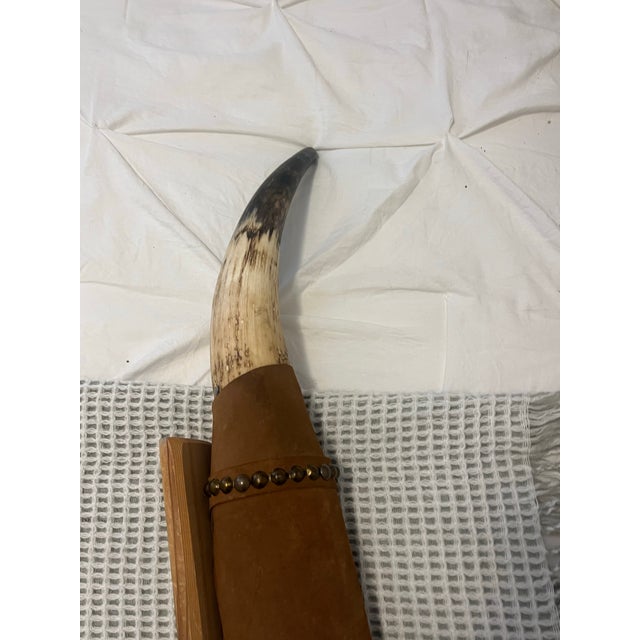 Bone Large Late 20th Century Bull Horn Steer Longhorn Leather Wrapped and Mounted For Sale - Image 7 of 10