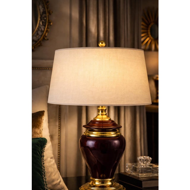 Hollywood Regency Eggplant & Brass Table Lamp With New 17” Shade For Sale - Image 9 of 12