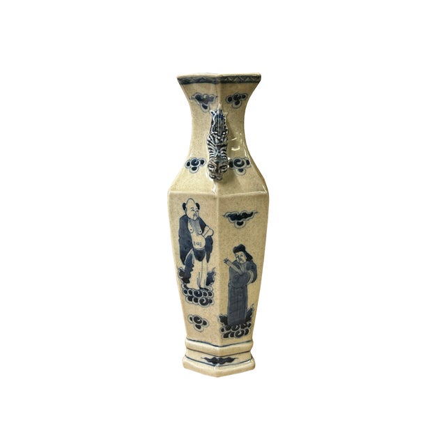 Vintage Rhombus Shape Blue White Eight Immortal Graphic Porcelain Vase For Sale In San Francisco - Image 6 of 18