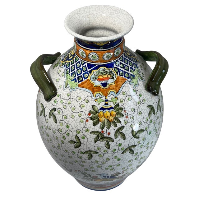17+ In. Tall Chinese Jug Vase Stylized Blue Songbird, Fruit & Leaf Pattern For Sale - Image 15 of 18