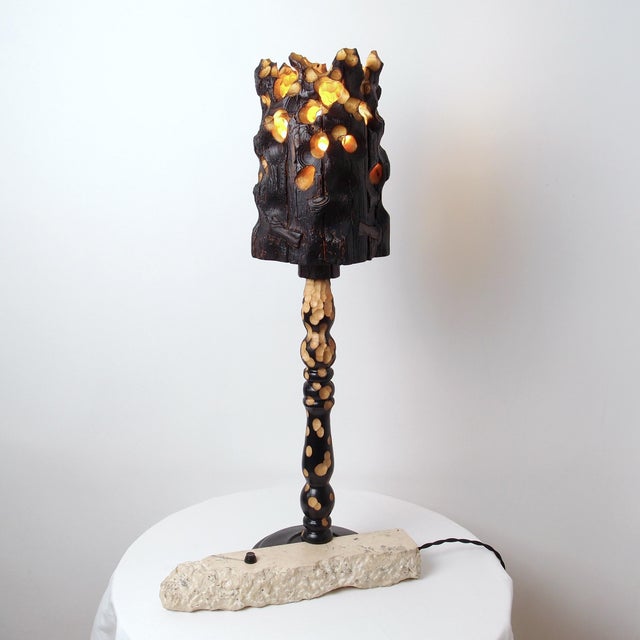 Torch Lamp - Sculptural Wood and Limestone Table Lamp by Gabor Gobi For Sale - Image 9 of 11