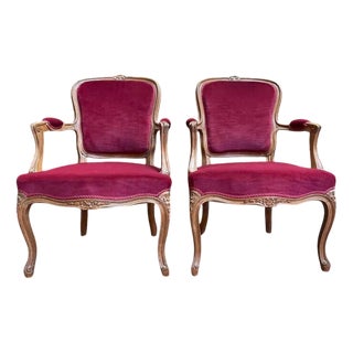 Set of Louis XV Style Cabriolet Armchairs in Red Velvet For Sale
