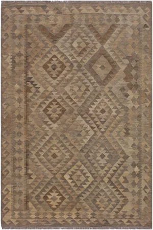 1990s Boho Chic Kilim Tan/Brown Hand-Woven Wool Rug - 5′4″ × 6′7″