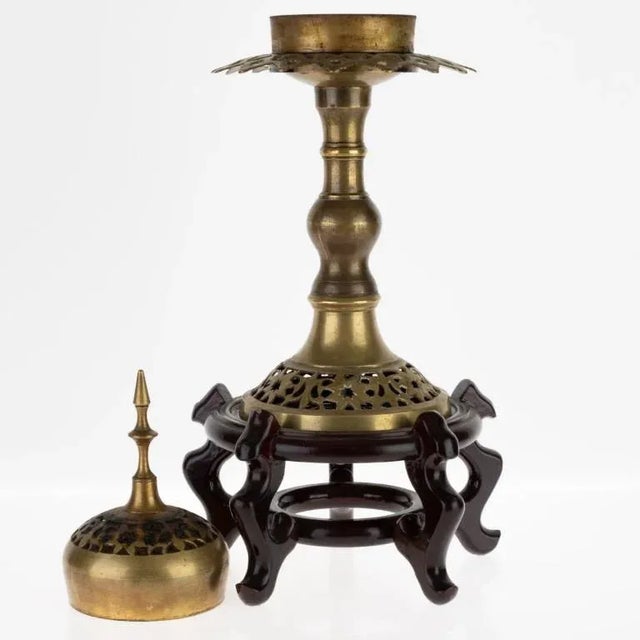 Antique Indian Pierced Bronze Incense Burner on Wooden Stand For Sale - Image 4 of 7