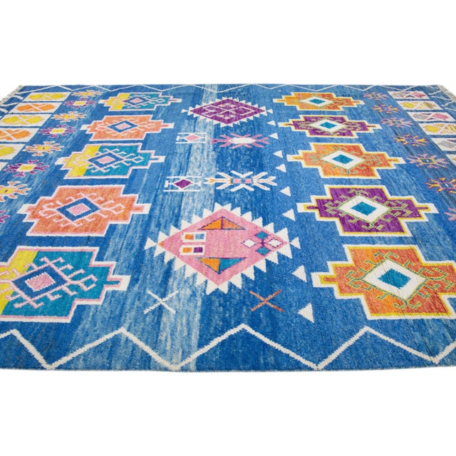 2020s Modern Moroccan Style Handmade Blue Wool Rug With Geometric Tribal Pattern For Sale - Image 5 of 11