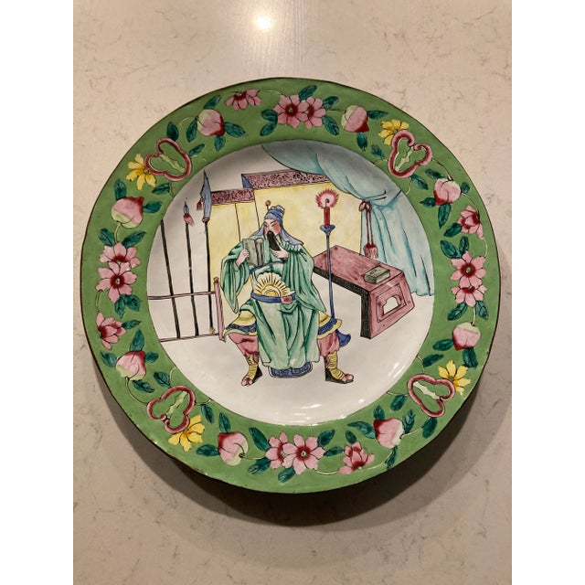 Green Midcentury Canton Style Hand Painted Enamel Plate With Green Figural Scene and Copper For Sale - Image 8 of 8