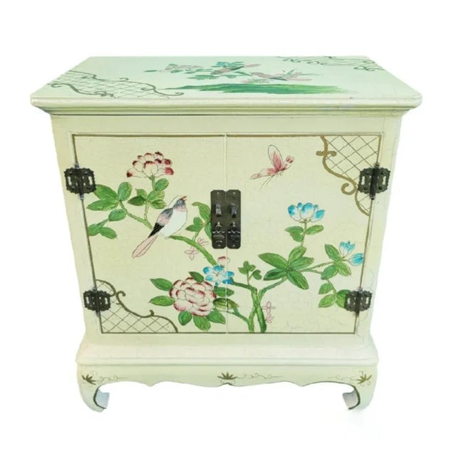 Yellow Rare Vintage Chinoiserie Pale Yellow Bird Floral Hand Painted Wood Clothes Hamper For Sale - Image 8 of 11