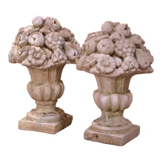 Pair of Mid Century French Carved Weathered Concrete Outdoor Vases For Sale