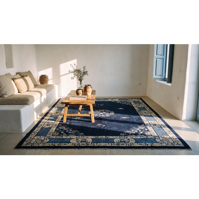 Exceptional Navy and Light Blue Color With Delicate Florid Design Antique Chinese Peking Rug For Sale - Image 14 of 15