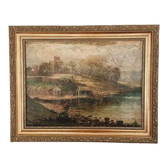 Original Antique Oil Painting, Moody River Landscape by Grant C.1891 For Sale