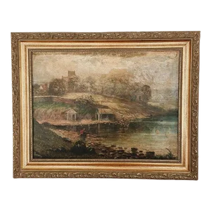 Original Antique Oil Painting, Moody River Landscape by Grant C.1891
