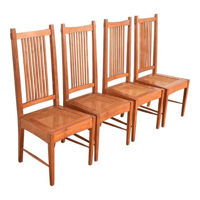 Stickley Style Arts & Crafts Teak and Cane Dining Chairs, Set of Four For Sale