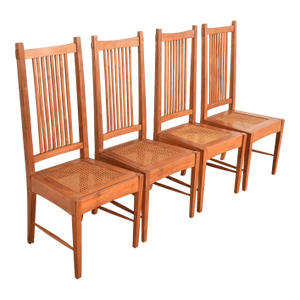 Stickley Style Arts & Crafts Teak and Cane Dining Chairs, Set of Four