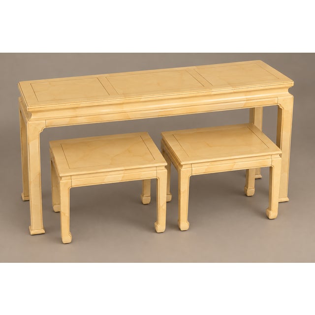 Chinoiserie Henredon Ming Goatskin Console Table With Two Stools 1970's For Sale - Image 3 of 11