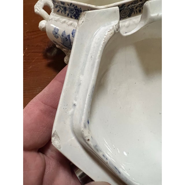 Antique English Staffordshire Blue Transfer Decorated Sauce Tureen “Windsor Festoon” For Sale - Image 11 of 12