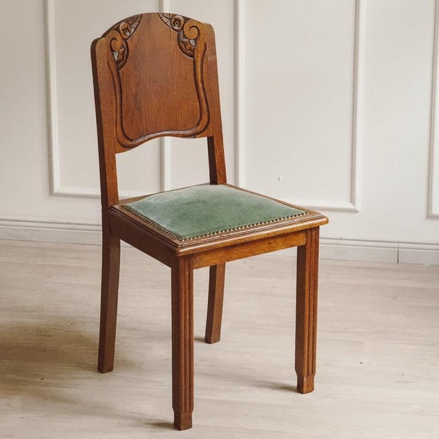Art Deco Chairs in Oak and Green Velvet, 1920s, Set of 4 For Sale - Image 11 of 11