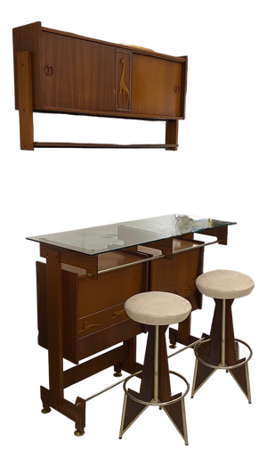 Mid-Century Modern Italian Teak and Rosewood Bar Counter with Shelving and Stools, 1950s, Set of 4