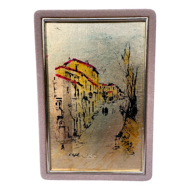 Italian Gold Leaf Pino Collection Cityscape by R. Pighetti, 1970s For Sale