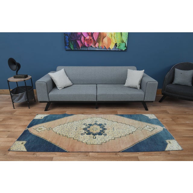 1970s Vintage Turkish Handmade Wool Cotton Blue Area Rug For Sale - Image 11 of 11