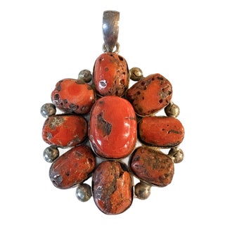 Vintage Large Coral and Sterling Silver Pendant For Sale