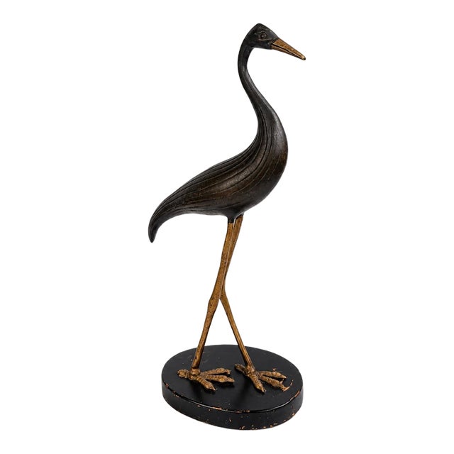 Vintage Korean Black and Gold Heron Sculpture on Oval Base, 13” For Sale