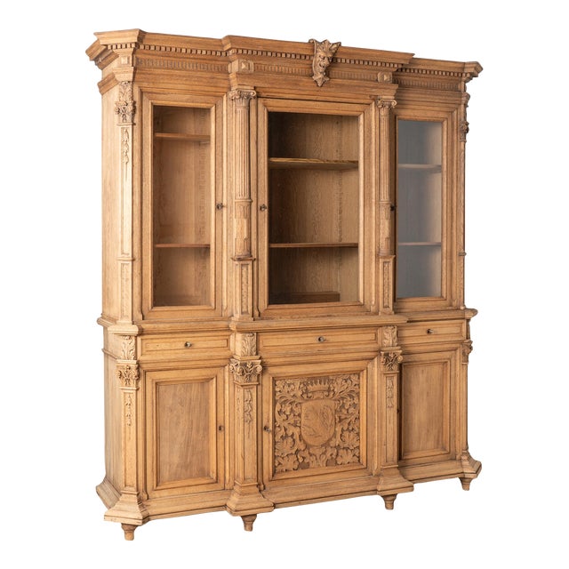 Large French Bleached Oak Bookcase Display Cabinet With Adjustable Shelves, Circa 1890 For Sale