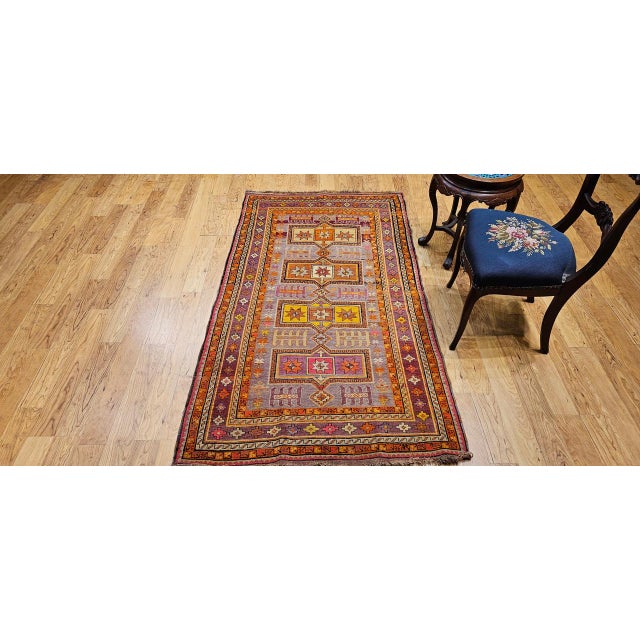 Vintage Moroccan Tribal Rug, Hand-Knotted Wool, Geometric Pattern, Yellow & Purple, 4' X 7' For Sale - Image 4 of 17