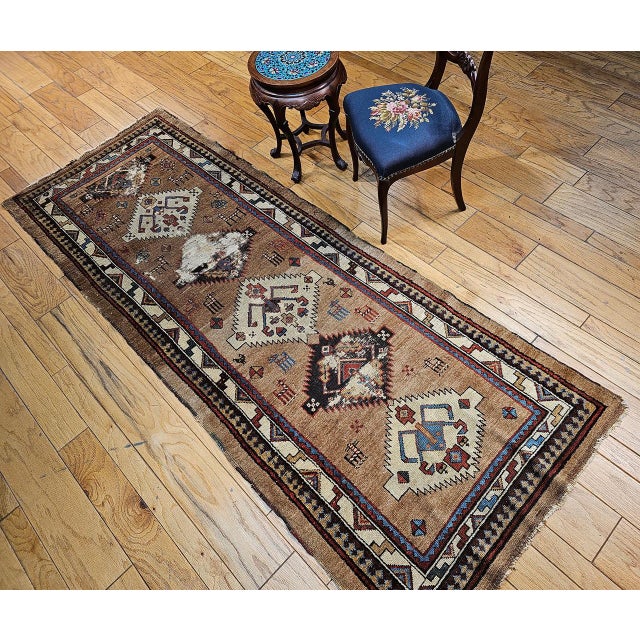 Antique 19th C. Persian Kurdish Runner Rug, Hand-Knotted Wool, Geometric Pattern, 4x10, Camelhair & Ivory For Sale - Image 10 of 18