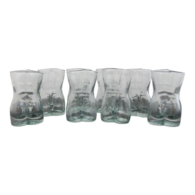 Nude Male Torso Anatomically Correct Clear Cocktail Party Shot Glass Set of 8 For Sale