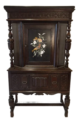 Antique Jacobean Style Carved Oak Cabinet Hutch With Pietra Dura Inlay, Carved Details and Black Marble Top