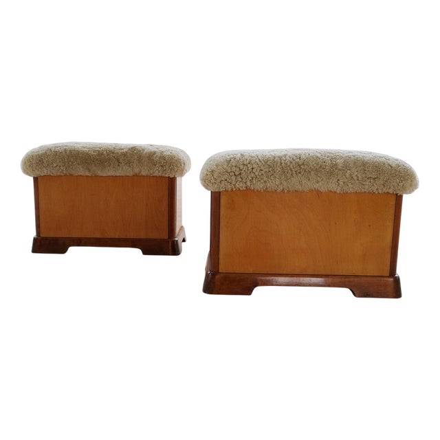 Swedish Art Deco Ottomans in Lacquered Birch with Sheepskin Seats, 1940s, Set of 2 For Sale