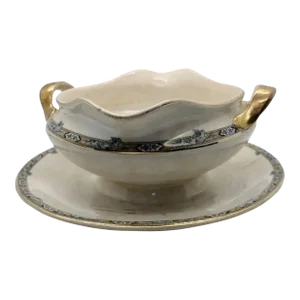Vintage k.t. & S-V China Gravy Dish Great Britain Pottery Double Handled Bowl on Saucer