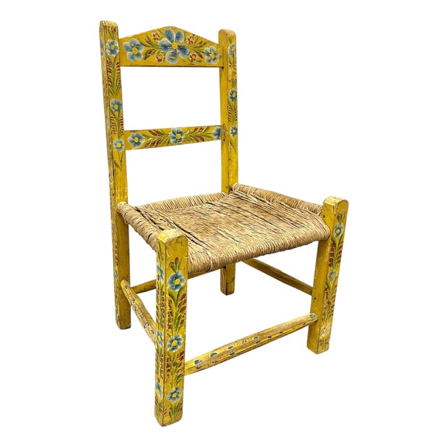 Early 20th Century Yellow Hand-Painted Mexican Folk Art Child’s Chair With Woven Rush Seat For Sale
