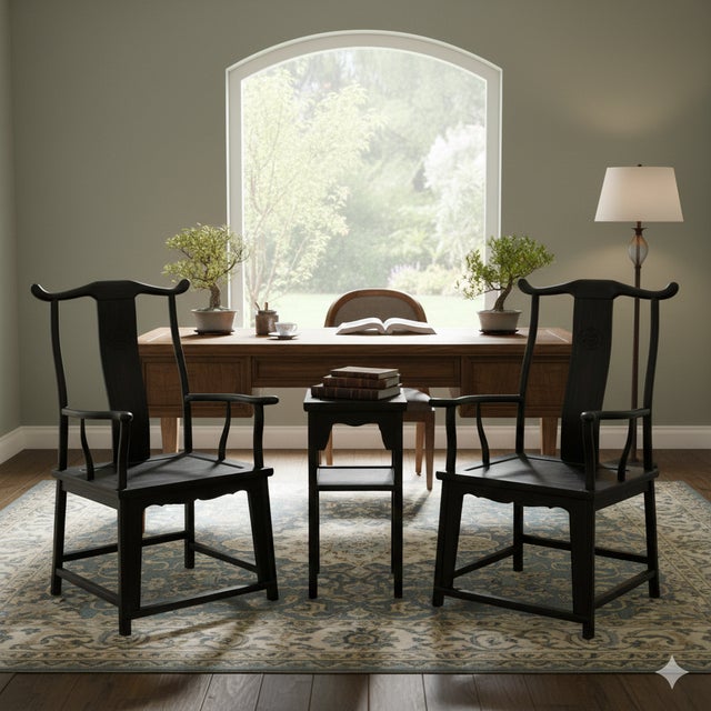 Chinese Traditional Black Brown Yoke-Back Armchair Set W Small Table For Sale - Image 10 of 12