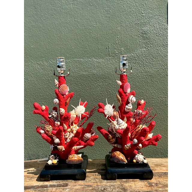 Vintage Shell Encrusted Faux Coral Lamps - A Pair For Sale In West Palm - Image 6 of 12
