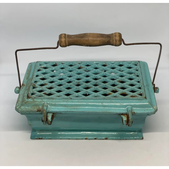 Shabby Chic Early 1900s French Cast Iron & Duck Egg Blue Enameled Rectangle Foot Warmer For Sale - Image 3 of 13